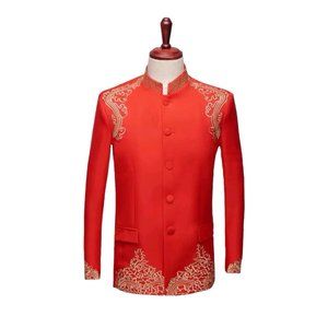 Red Chinese Wedding Suit Changshan with Gold Embroidery China Asian Traditional